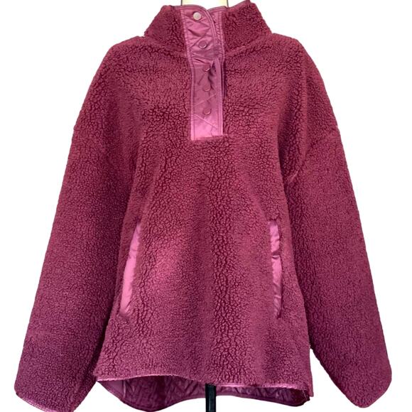 Athleta 2X Sherpa Snap Sweatshirt Spiced Cabernet Pullover Oversized Coat - Picture 1 of 10